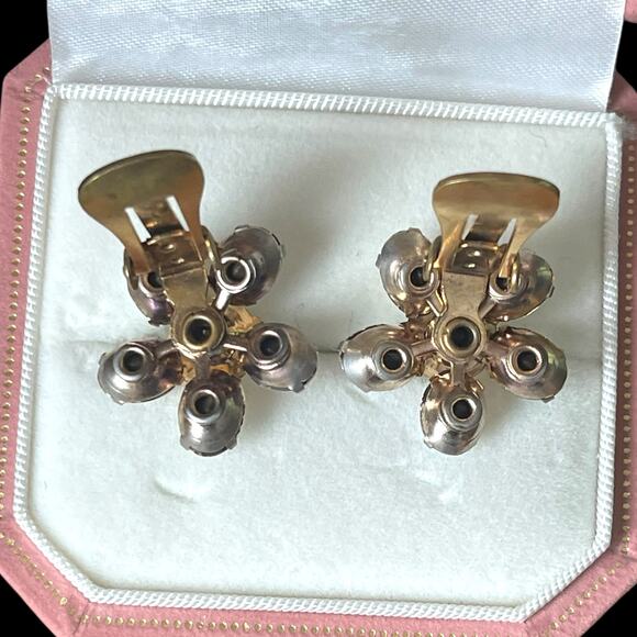 Vintage Weiss Flower Earrings Prong Set AB Crystal Clip On Aurora Borealis - Picture 6 of 13